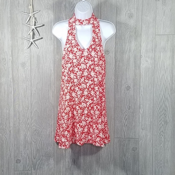 Lulu's Dress Small Red Floral Print High Neck Swing 26-249LD Back Keyhole - Picture 5 of 15